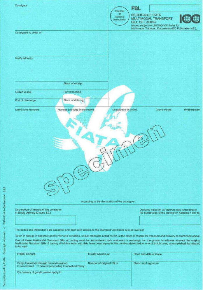 FIATA FBL (Negotiable FIATA Multimodal Transport Bill of Lading